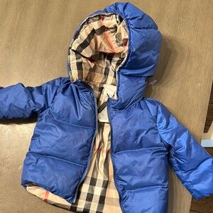 Blue Hooded Puffer Jacket with Checkered Lining